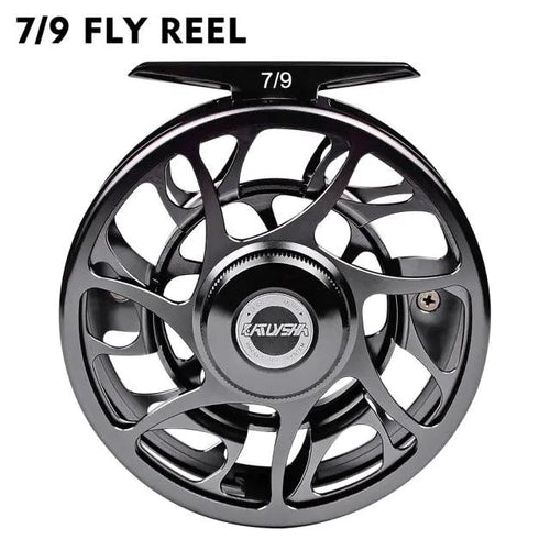 Mandotos Precision Fly Caster Reel with black handle and metal spool, designed for smooth fishing performance.