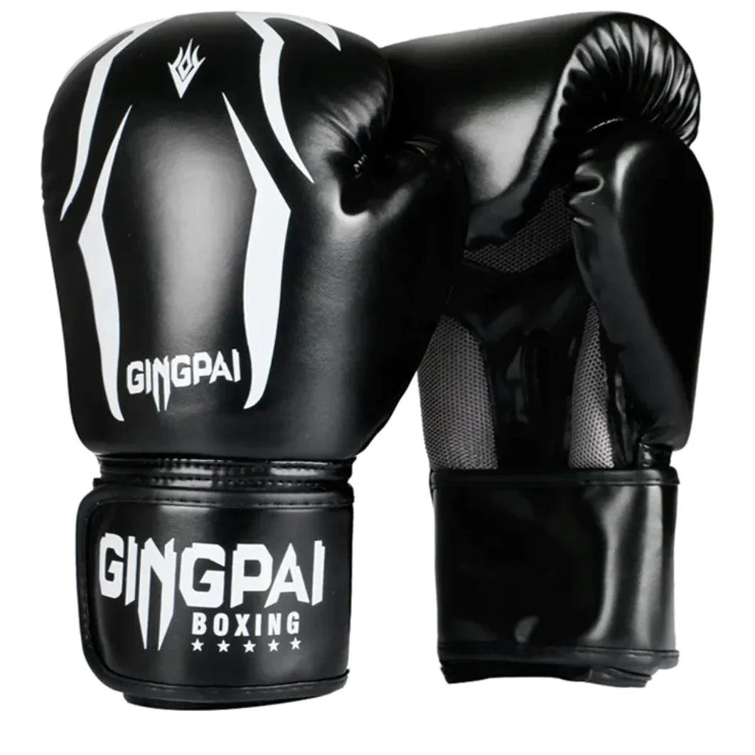 Mandotos Pro Punch adult boxing gloves in black with red accents, featuring padded wrists and secure straps for training.