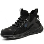 Mandotos puncture-proof work shoes with durable safety soles, featuring black leather uppers and reinforced toe protection.