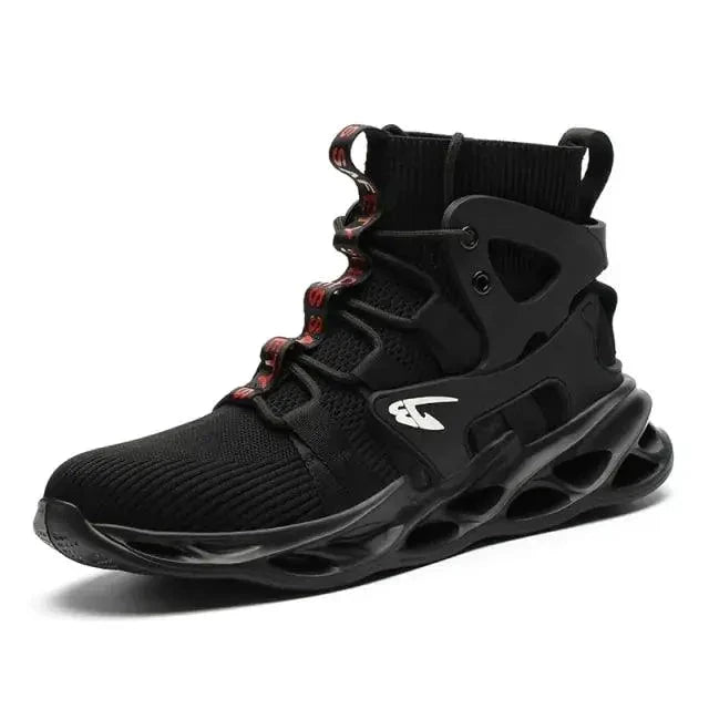 Mandotos puncture-proof work shoes showing sturdy black safety footwear with reinforced toe caps and slip-resistant soles.