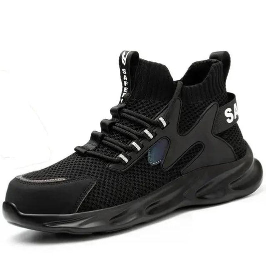 Mandotos puncture-proof work shoes with steel toe protection, durable black safety footwear for industrial or construction use.