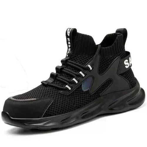 Mandotos puncture-proof work shoes with steel toe caps and slip-resistant soles, designed for safety and durability in industrial settings.