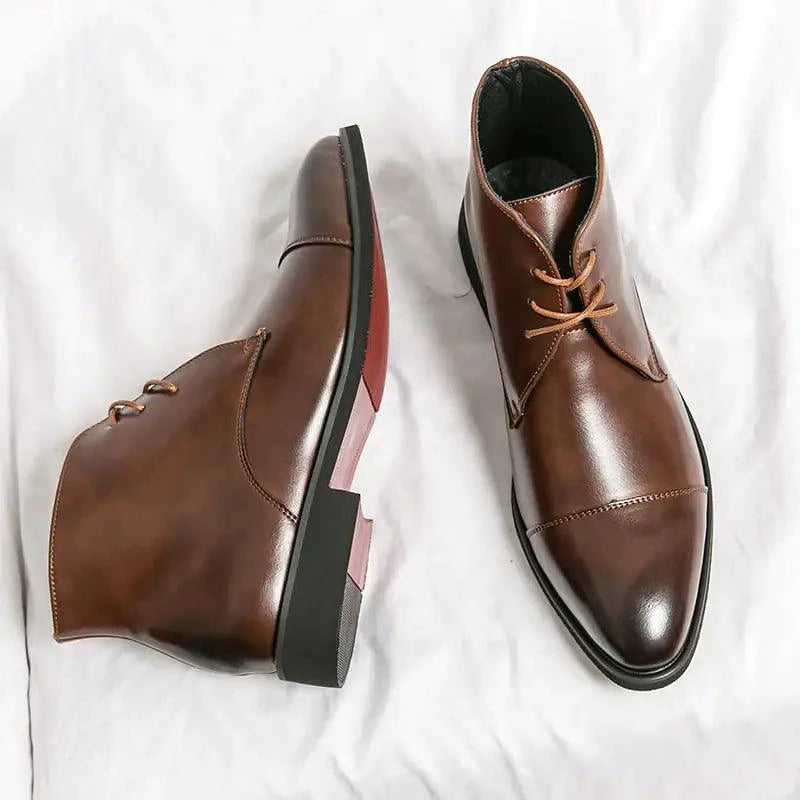 Mandotos red bottom leather boots with sleek design and pointed toes, stylish footwear for women.