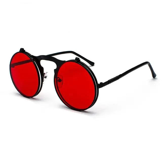 Mandotos retro flip steampunk sunglasses with metallic frames and tinted lenses, vintage-inspired eyewear design.