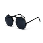 Mandotos Retro Flip Steampunk Shades with metallic frames and tinted lenses featuring vintage steampunk style.