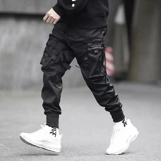 Mandotos Ribbons Harem Joggers for men, cargo style streetwear pants with pockets, cotton material, casual hip hop look