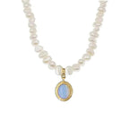 Mandotos round medal pearl necklace with irregular pearls, featuring a elegant and unique jewelry design.
