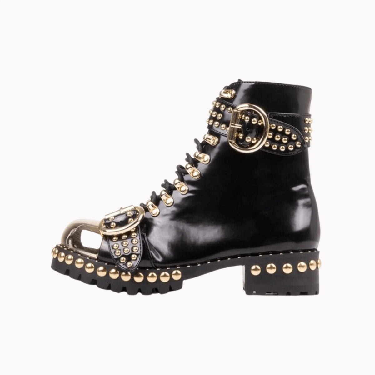 Mandotos Rugged Studded Buckle Boots featuring sturdy leather, metal buckle details, and a rugged style for versatile wear.