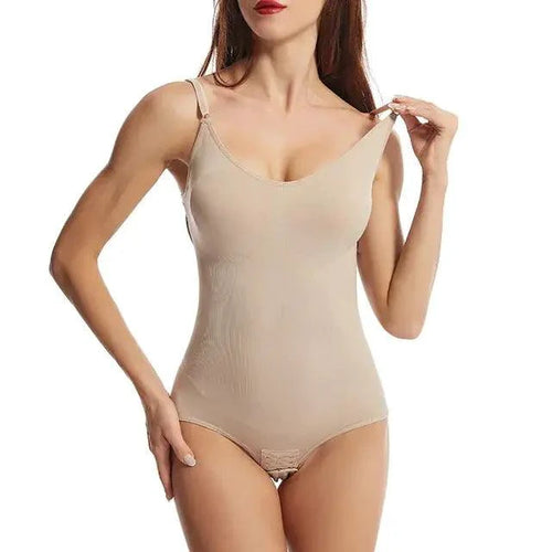 Mandotos seamless contour bodysuit for women, form-fitting with smooth fabric and supportive design, shown on a model.