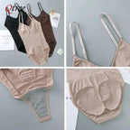 Seamless contour bodysuit for women by MANDOTOS, shown in a close-up of smooth, form-fitting fabric highlighting its sleek design.