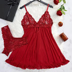 Red lace nightdress and panty set by MANDOTOS, transparent sleepwear for confident women, featuring delicate lace details and a flattering fit.