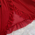 Mandotos red lace nightdress and panty set, transparent sleepwear with delicate lace details, designed for confident women.