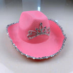 Mandotos sequined Western cowboy hat with wool felt and feather trim, featuring shimmering sequins and decorative feather accents.