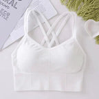 Mandotos women's back cross strap tank top and sports bra, soft breathable fabric, solid color, perfect for yoga and fitness workouts.