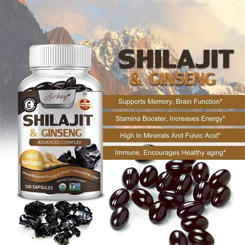 Mandotos Shilajit natural supplement jar, showing dark resin-like substance for energy, mental clarity, and immune support.