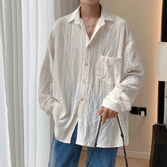 Mandotos men's apricot long-sleeved mesh shirt with a handsome lapel, hollow-out design, suitable for vacation or casual fashion.