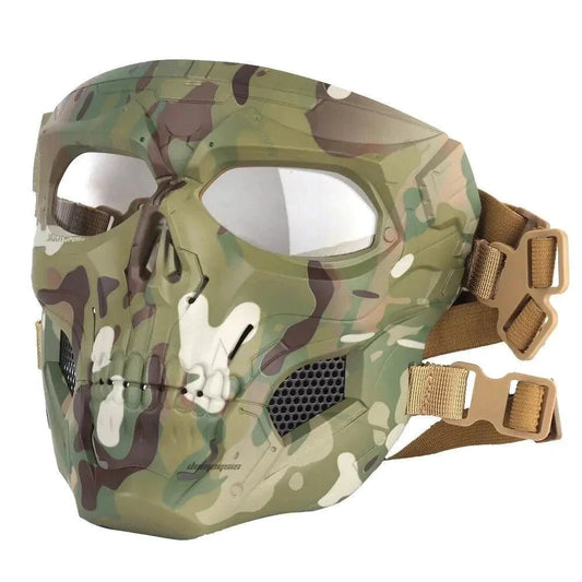 Mandotos Skull Tactical Sports Mask with adjustable straps and breathable fabric for outdoor activities and tactical use.