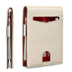 Mandotos slim RFID leather wallet showing multiple card slots and sleek design for secure card storage.