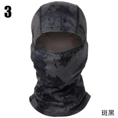 Mandotos Stealth Ops Camo Face Mask with camouflage pattern, breathable fabric, and secure fit for outdoor activities and tactical use.