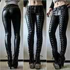 Mandotos steampunk leather skinny pants featuring a fitted design and intricate steampunk-inspired detailing.