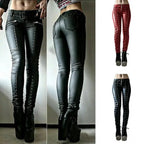 Mandotos steampunk leather skinny pants with detailed gear and cog accents, fitted design, and high-quality brown leather material.