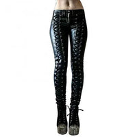 Mandotos steampunk leather skinny pants featuring a fitted design, with metal accents and a vintage-inspired style.