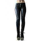 Mandotos steampunk leather skinny pants featuring a fitted design, with metal accents and a vintage-inspired style.