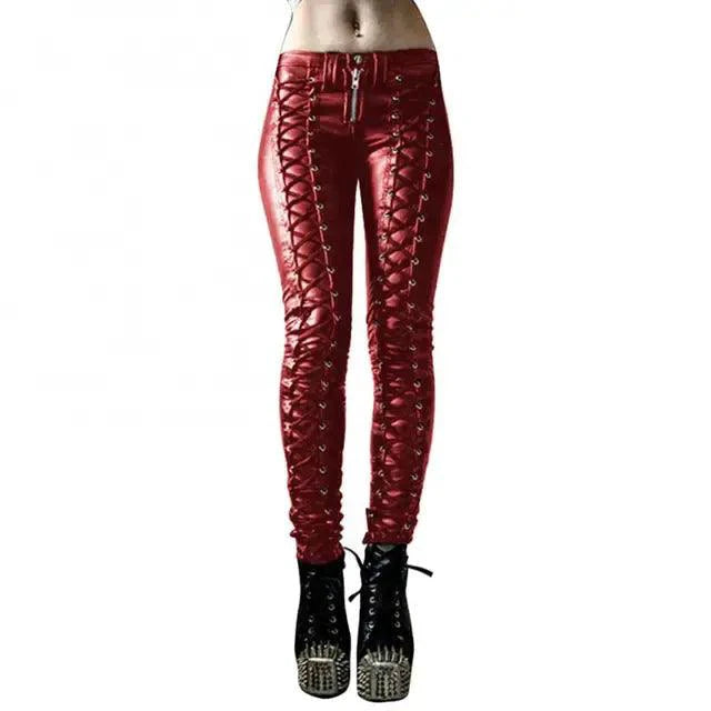 Mandotos steampunk leather skinny pants with a fitted design, featuring detailed stitching and a stylish, edgy look.
