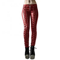 Mandotos steampunk leather skinny pants with detailed design, close-up view highlighting the fitted style and textured leather material.