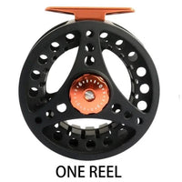 Mandotos Stream Master fishing reel with black and silver design, showing detailed close-up of the reel's handle and spool.