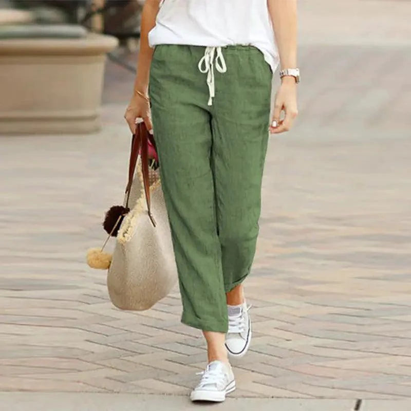 Mandotos Summer Elegance drawstring trousers in lightweight fabric, featuring a relaxed fit and stylish design for warm weather wear.