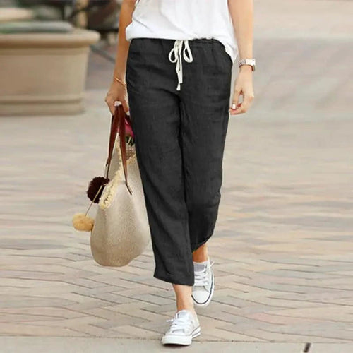 Mandotos Summer Elegance drawstring trousers in lightweight fabric, featuring a relaxed fit and adjustable waist for comfortable style.