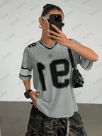 Mandotos black Speed 91 print women's V-neck T-shirt with patchwork, short sleeves, sports football style, oversized Y2K top.