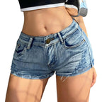 Summer Vibe women's high-waisted denim shorts with button detail, stylish and sexy, perfect for warm weather fashion.