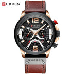 Mandotos Tactical Elegance leather watch with black dial and brown leather strap, showcasing a sleek, modern design.