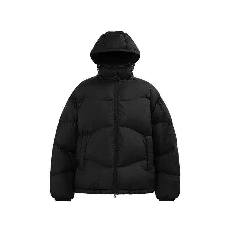 Mandotos thin, portable puff down jacket with solid color hood, lightweight and insulated for warmth and comfort.
