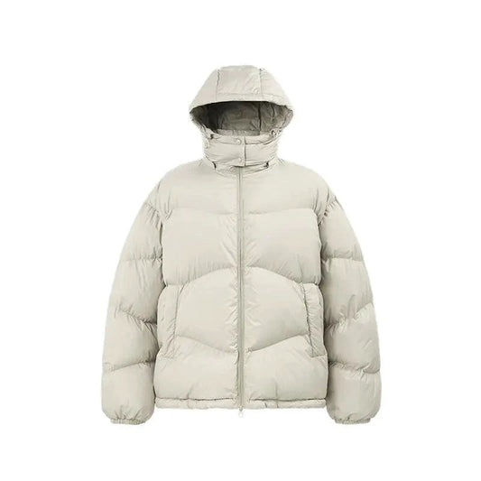 Mandotos thin, portable puff down jacket with solid color and hood, designed for lightweight warmth and comfort.