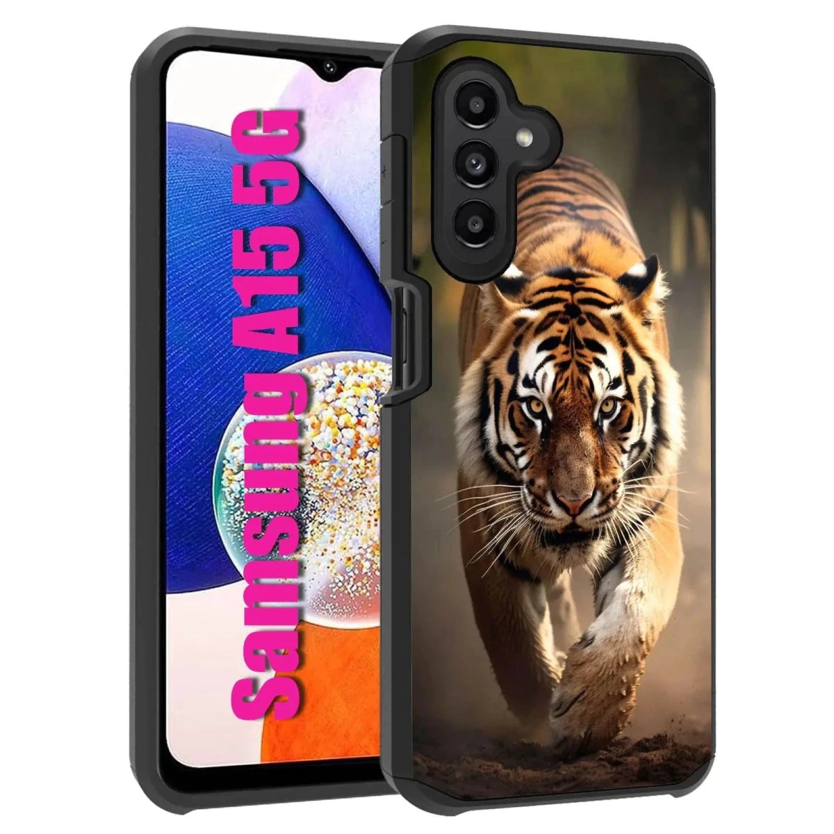 Mandotos TigerPrint Galaxy A15 5G DualGuard case showcasing bold tiger print design and rugged protection for the phone.