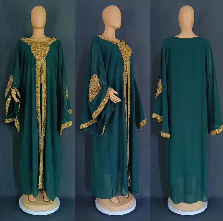 Mandotos two-piece gold kaftan abaya set with intricate embroidery and flowing fabric, perfect for elegant traditional wear.