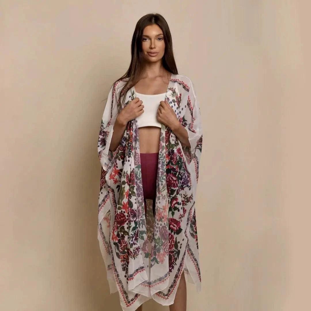Mandotos Urban Blossom Kimono featuring floral pattern, lightweight fabric, and open front design, perfect for casual or layered style.