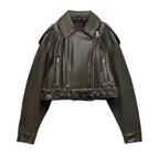 Mandotos washed faux leather jacket with a classic design, featuring a smooth, distressed finish and stylish collar for a modern look.