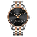 Mandotos men's automatic mechanical watch with a round dial and stainless steel band, showcasing intricate watch mechanics.