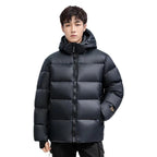 Mandotos winter black gold down jacket for couples, stylish insulated outerwear with gold accents and a sleek black design.