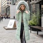 Mandotos winter long coat with thickened fur collar, stylish outerwear for cold weather, featuring a warm, plush fur detail.