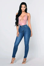 Women’s high waist stretch denim skinny jeans by MANDOTOS, full-length solid color pants with hip lift and slim fit design.