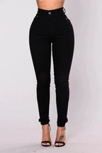 Mandotos women's high waist stretch denim skinny jeans with hip lift design, full length, solid color, slim fit, bleach effect.