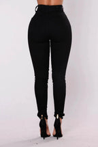 Mandotos women's high waist stretch denim skinny jeans, full length, solid color, hip lift design, slim fit, bleached style.