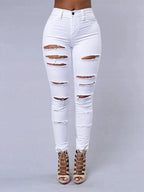 Mandotos women's high-waist stretch skinny ripped washed denim jeans, casual Y2K style with holes and tapered fit.