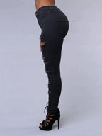 Mandotos women's high waist skinny ripped washed denim jeans with distressed holes, casual Y2K style, perfect for everyday wear.