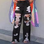 Mandotos Burnt Flower high waist jeans for women, casual denim trousers with floral design, perfect for spring and summer.